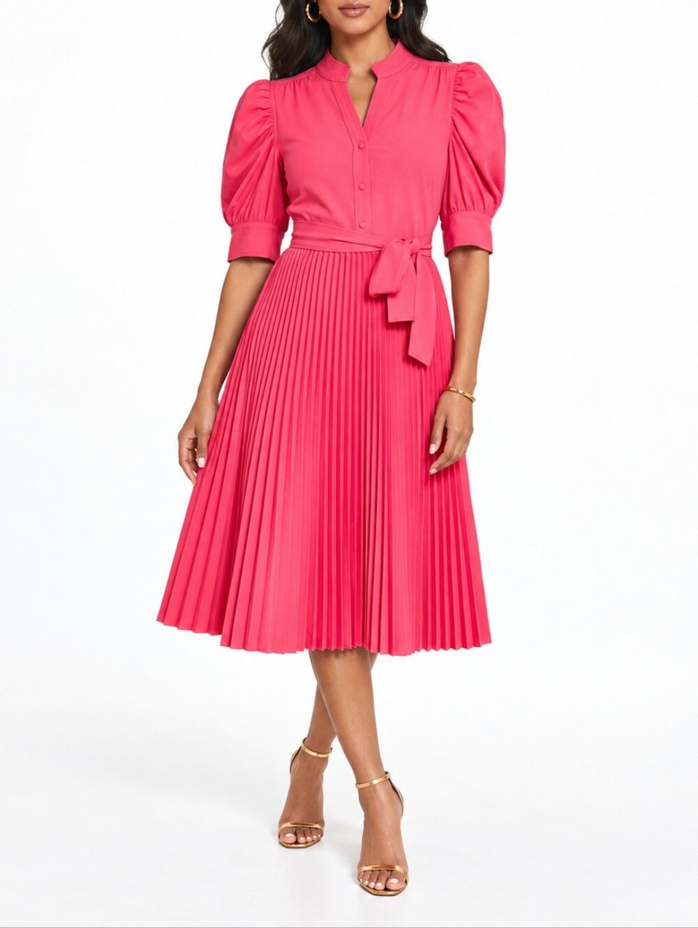 Elie Tahari Coral Pleated Midi Dress with Tie Waist